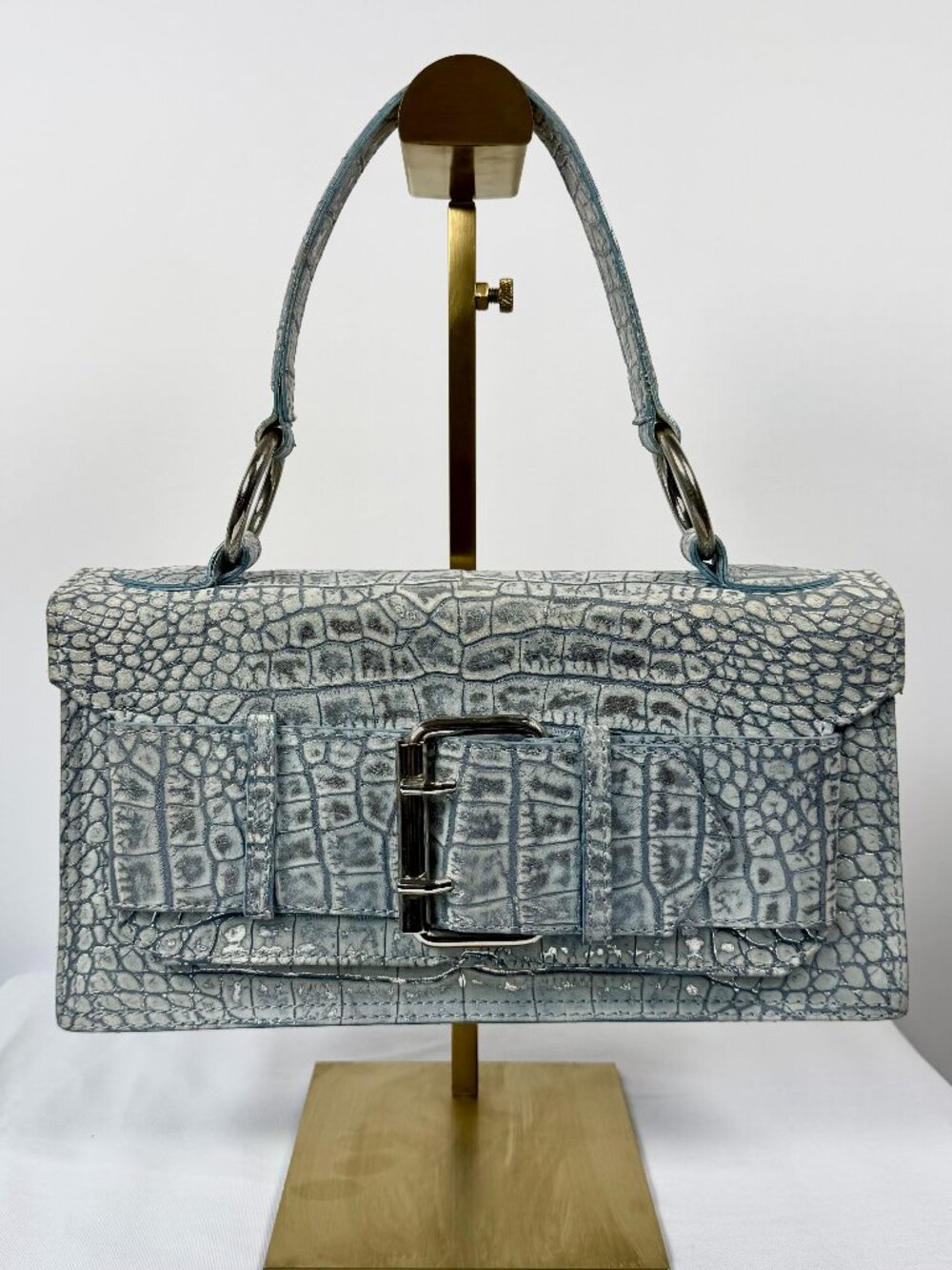 Tosca Blu Italian Blue/Silver leather shoulder bag - crocodile-embossed texture